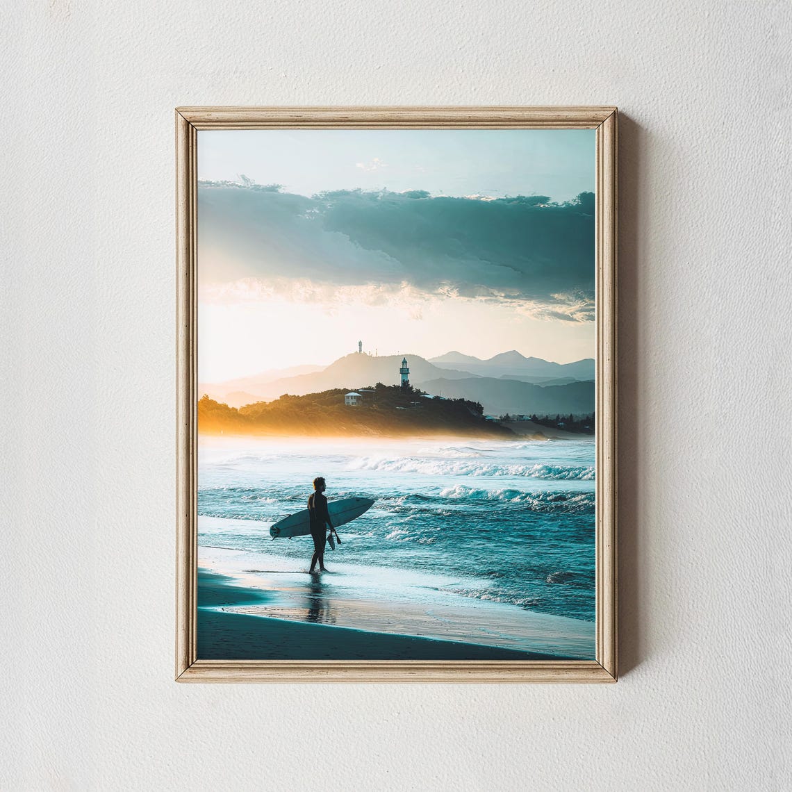 Surfer Surfboard Ocean Beach Lighthouse Distant View Photo Poster