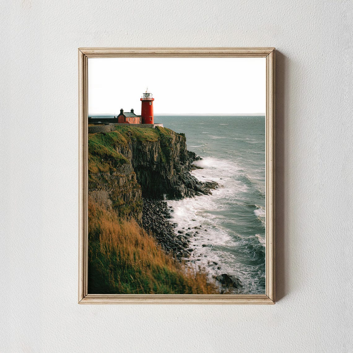 Red Lighthouse Rocky Sea Cliffs Stormy Ocean Wave Photo Poster