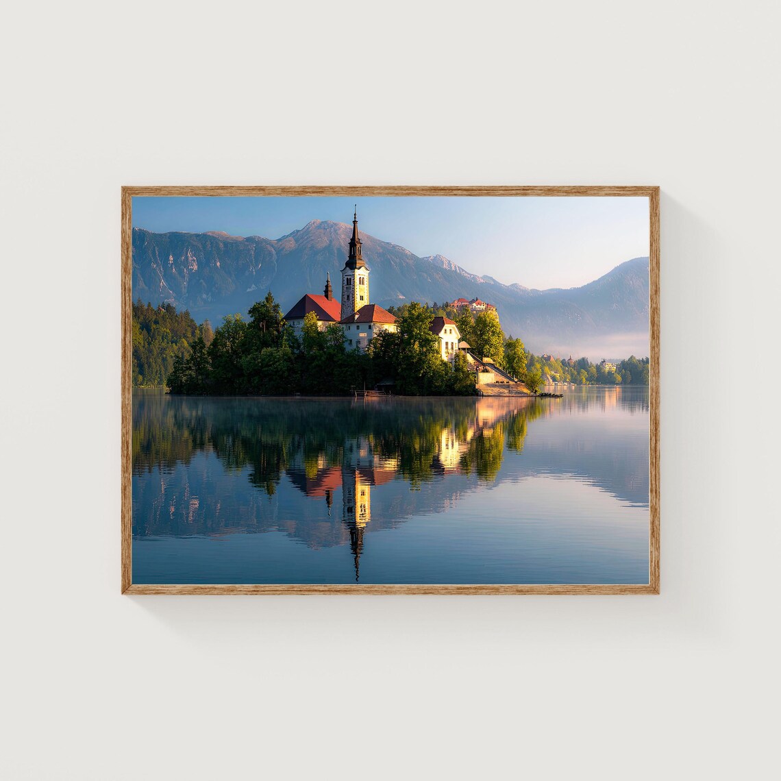 Lake Bled Slovenia Island Church Morning Mountains Mirror Lake Poster
