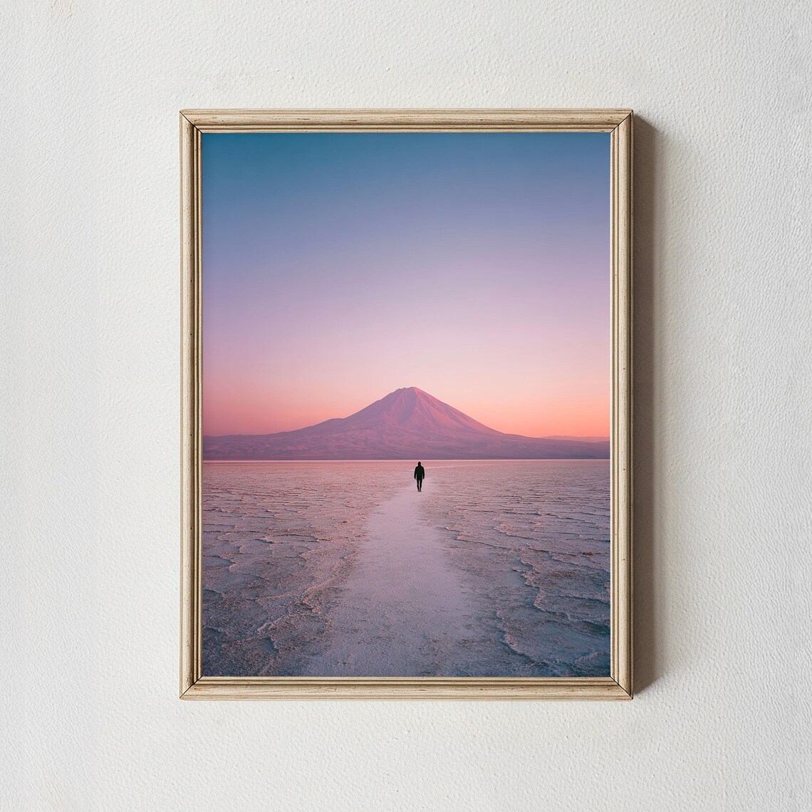 Minimalist Salt Flat Photography Print Lone Hiker Volcano Sunset Art