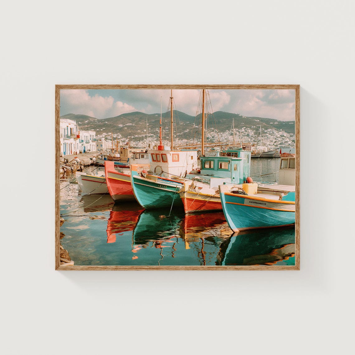 Greek Fishing Boats Print Mediterranean Coastal Harbor Scene