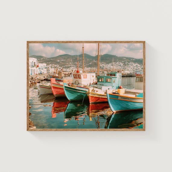 Greek Fishing Boats Print Mediterranean Coastal Harbor Scene