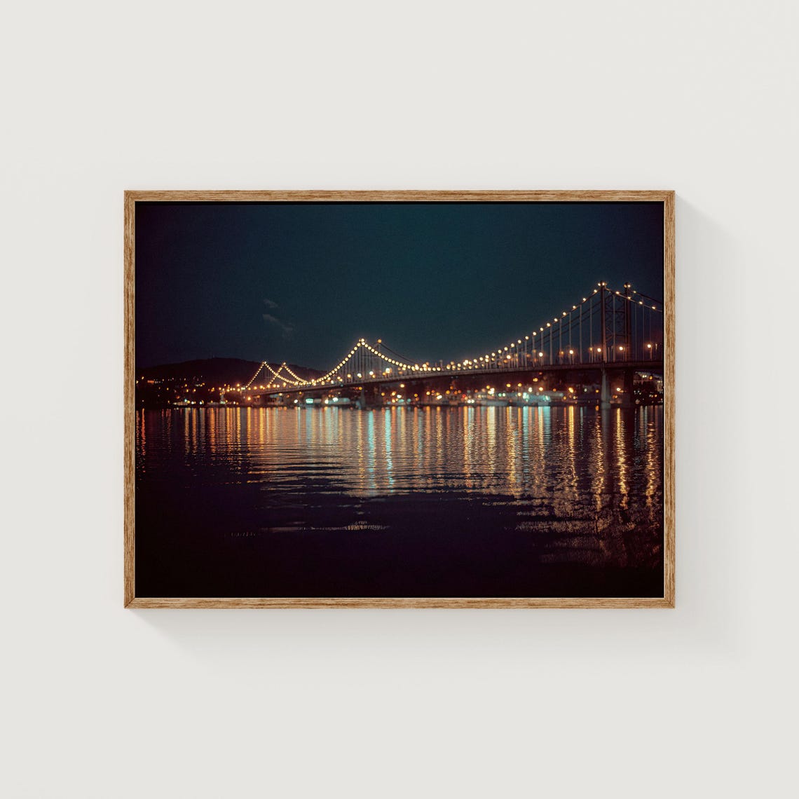 Suspension Bridge at Night Golden Lights on Dark Water Art Poster