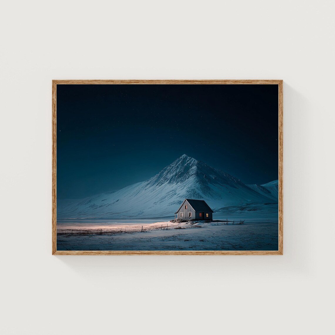 Iceland Snowy Mountain Cabin Under Starry Night Sky Photo Poster