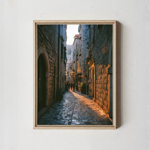 European Alley Print Old Stone Street Sunset Architecture
