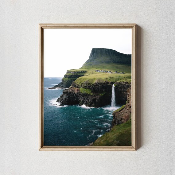 Faroe Islands Sea Cliff Waterfall Nordic Ocean Landscape Wall Art