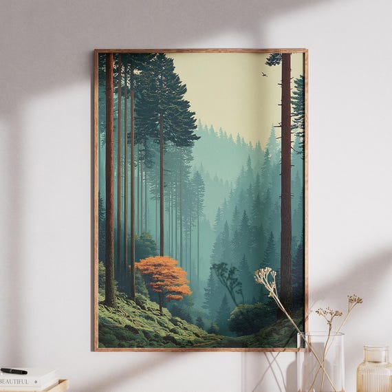 Misty Forest Wall Art Pine Trees Print Autumn Orange Tree Nature Decor Moody Landscape Instant