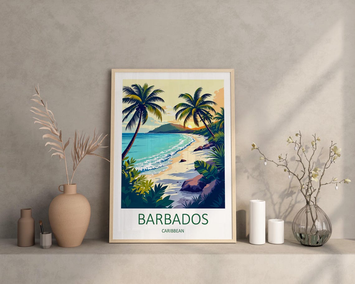 Barbados Caribbean Beach Sunset Palm Sailboat Paradise Shore Poster - Image 3