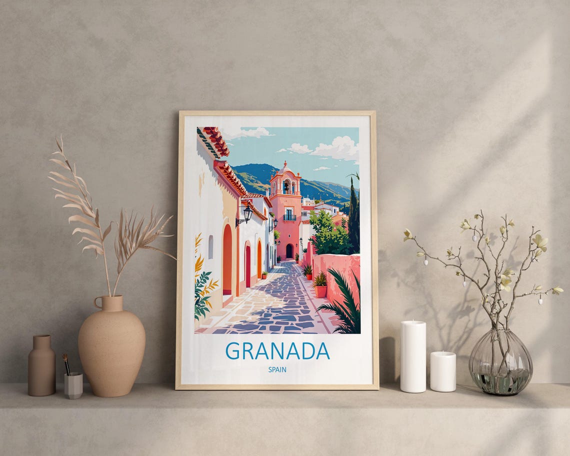 Granada Spain Whitewashed Alley With Bell Tower and Hills Poster - Image 3