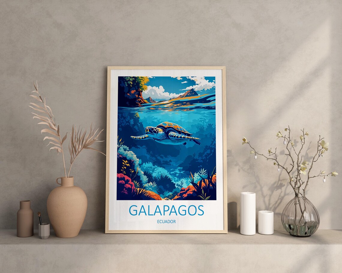 Galapagos Ecuador Sea Turtle Gliding Over A Coral Reef Poster - Image 3