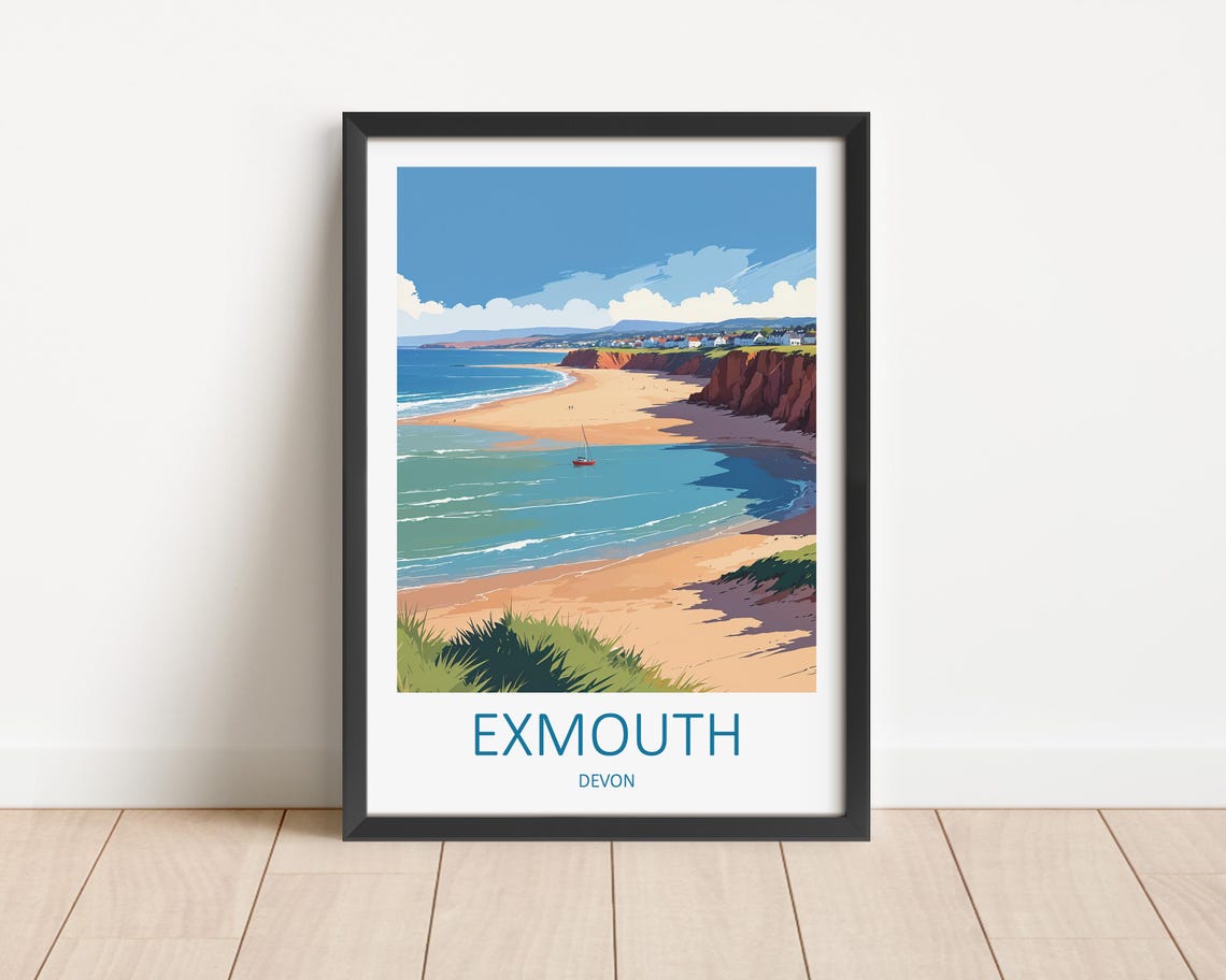 Exmouth Devon Sandy Beach Cove Red Cliffs and Sailboat Poster