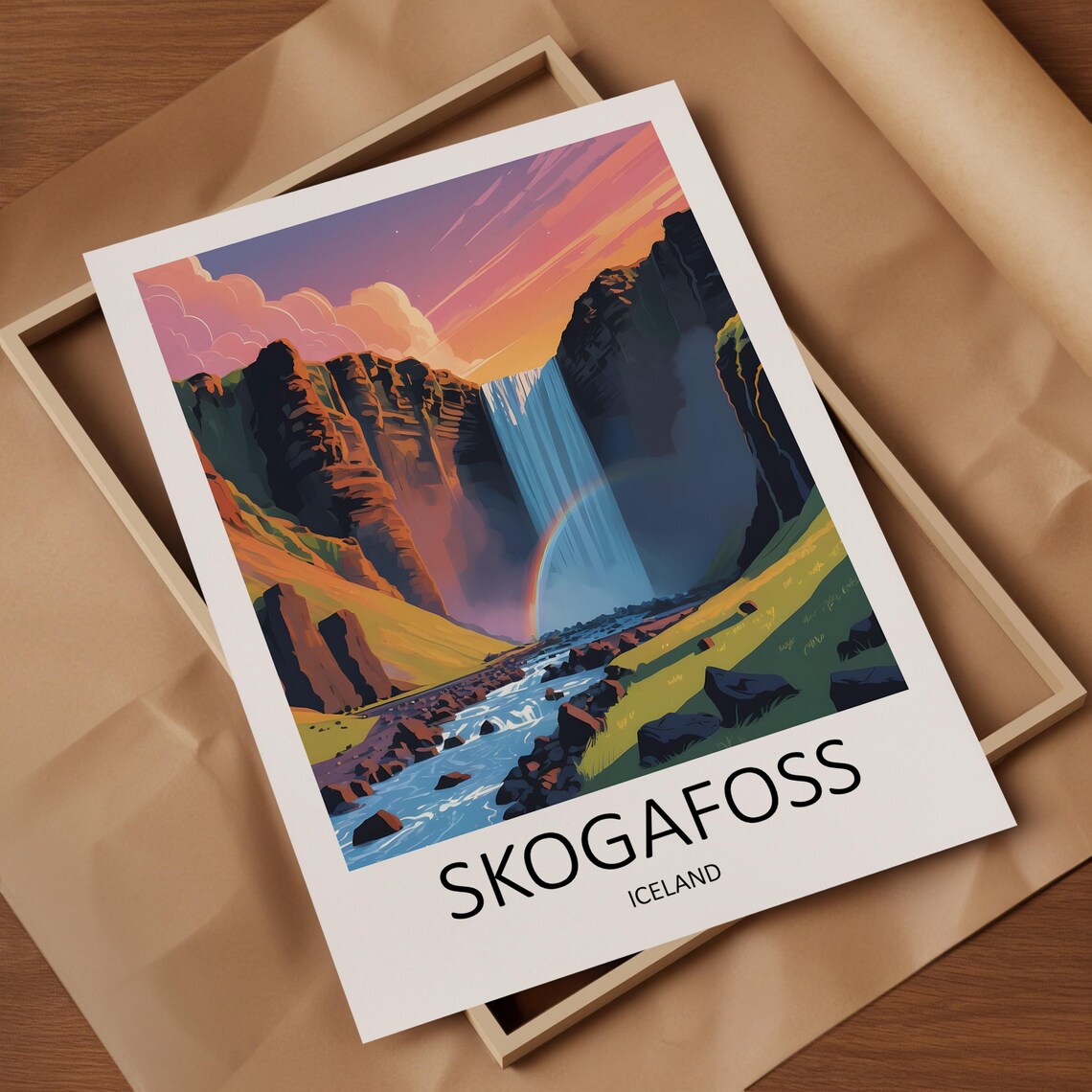 Skogafoss Iceland Waterfall Rainbow Canyon Sunset Scenic Travel Poster - Image 4