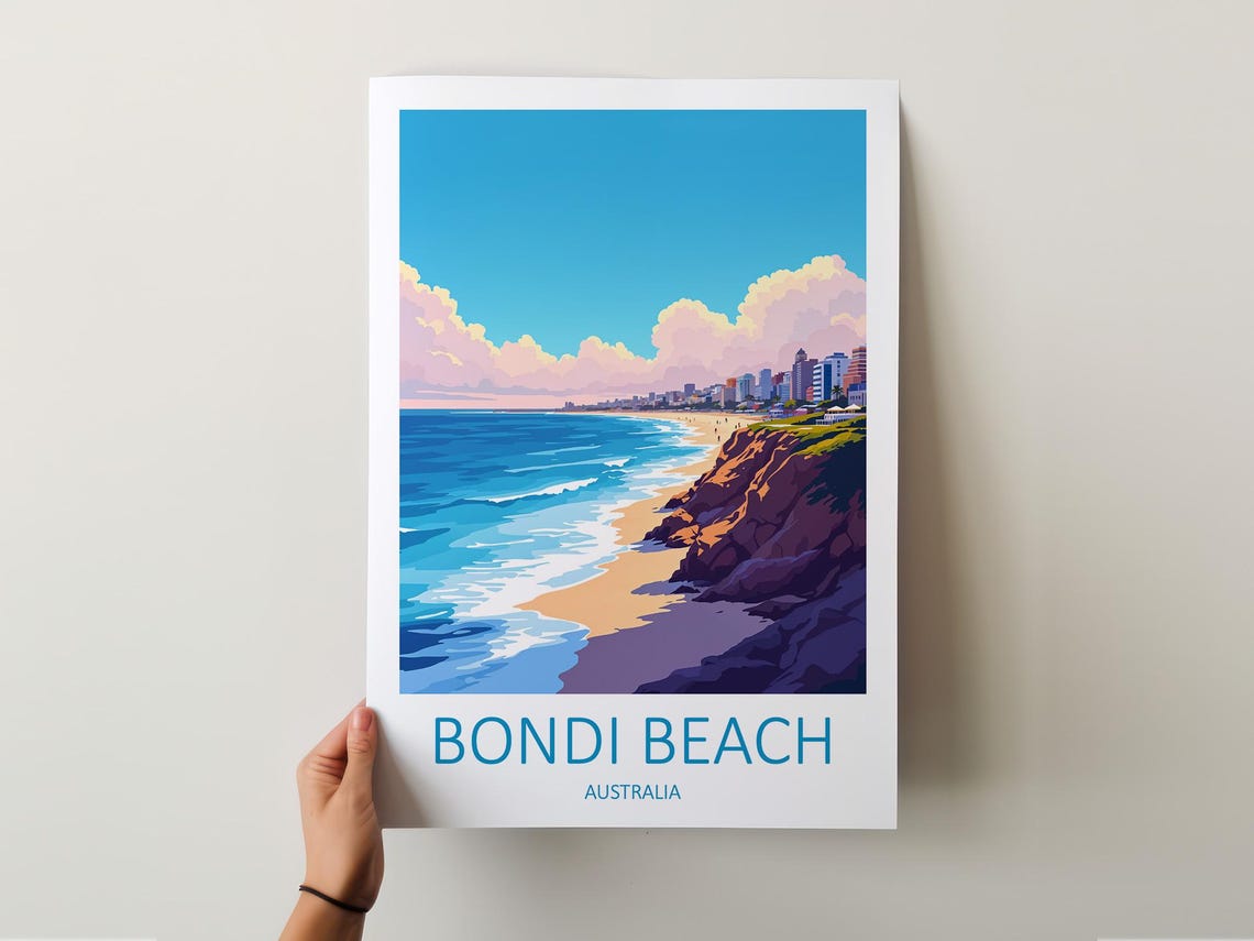 Bondi Beach Australia Surf Beach Cliffs and City Skyline Poster - Image 5