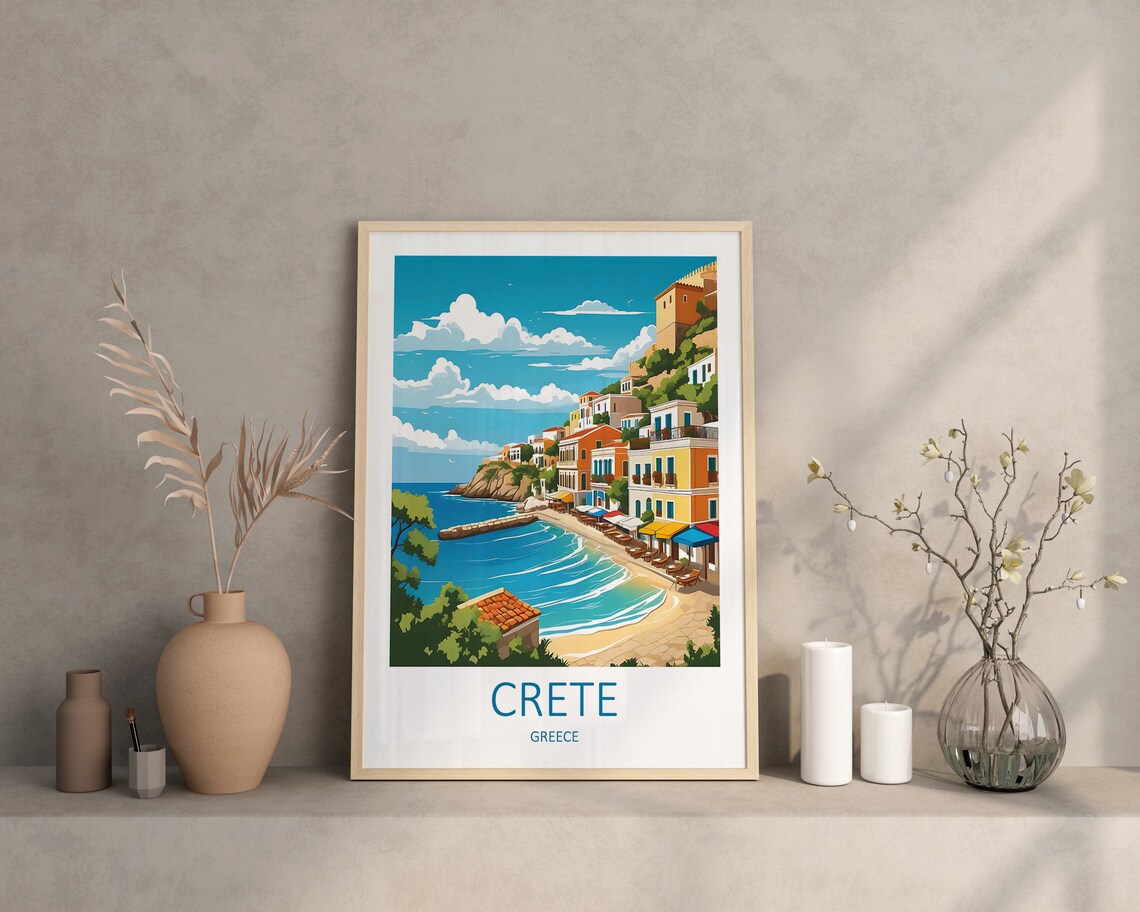 Crete Greece Charming Coastal Harbor Town With Sun Loungers Poster - Image 2