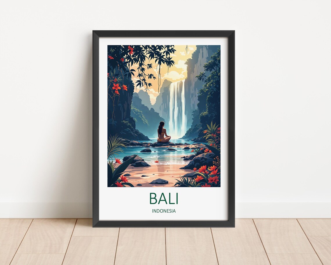 Bali Indonesia Waterfall Oasis With Meditating Figure Poster