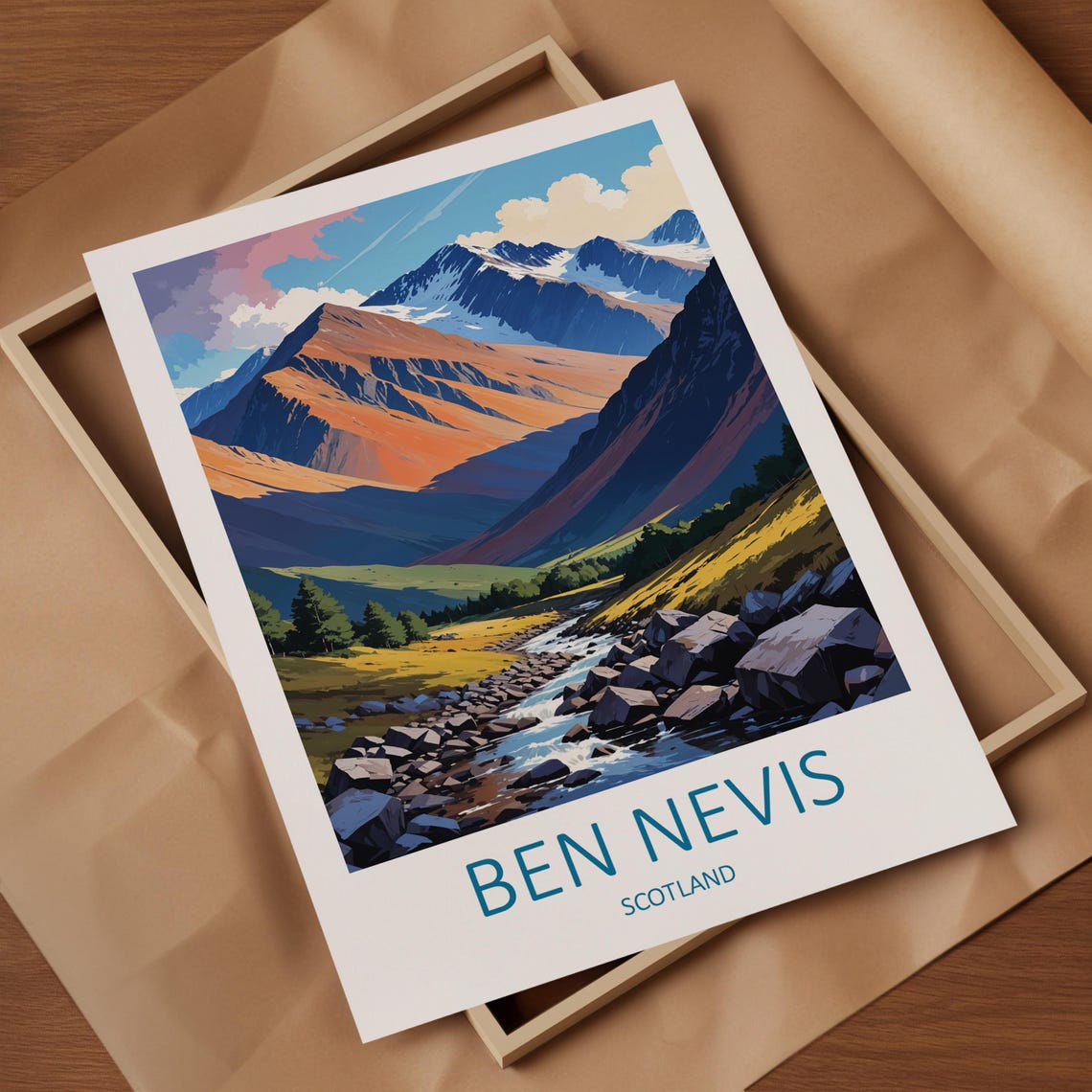 Ben Nevis Scotland Rocky River Valley Below Snow Capped Peak Poster - Image 4