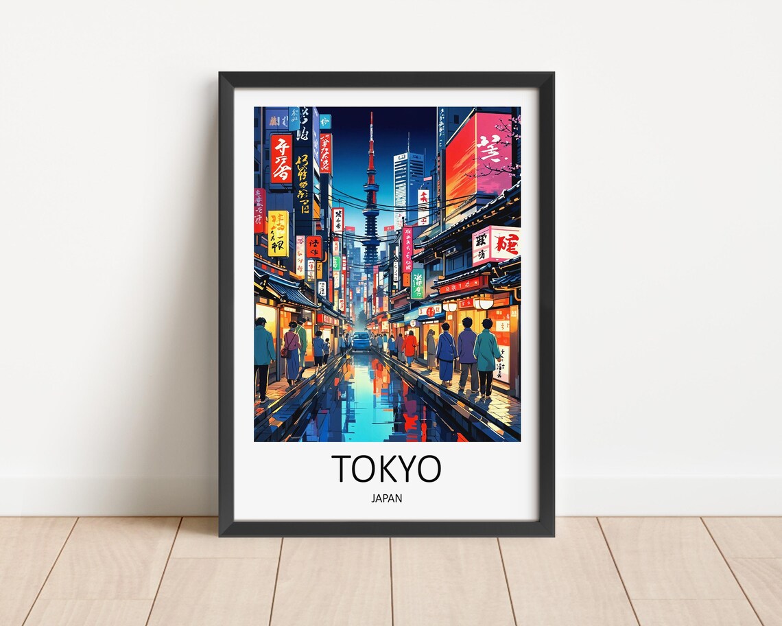Tokyo Japan Neon Lit Street Scene at Night in the Rain Poster