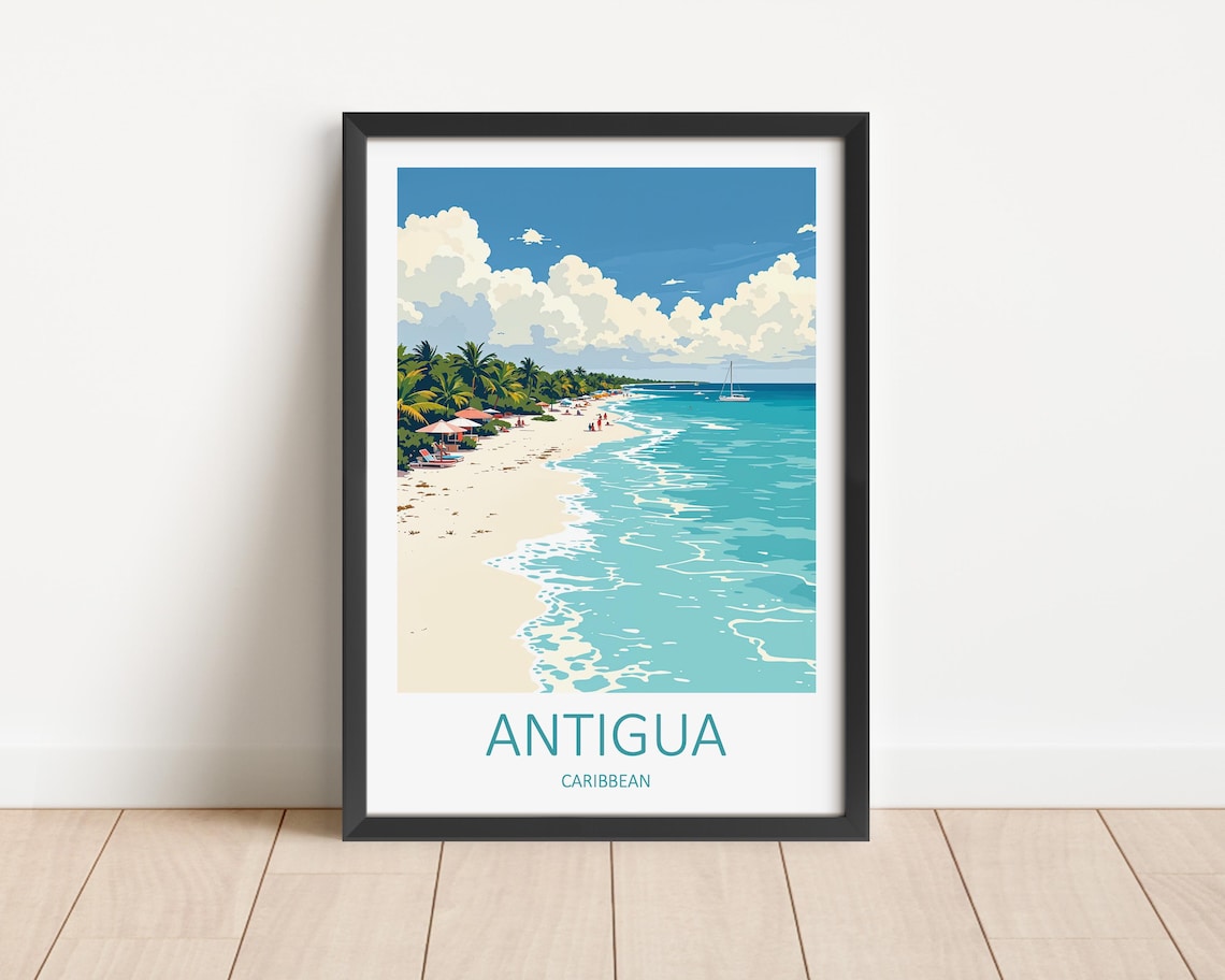 Antigua Caribbean White Sand Beach With Sailboats Offshore Poster