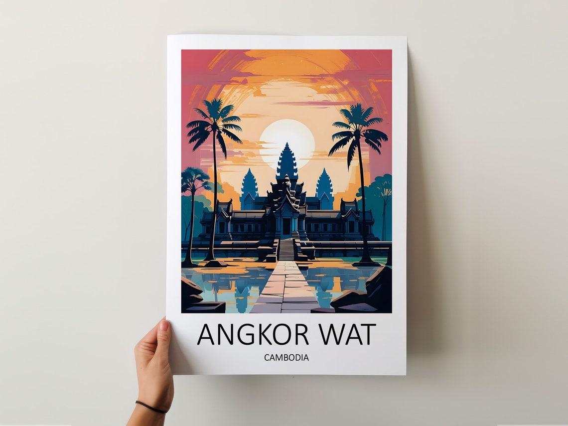 Angkor Wat Cambodia Temple Sunset Palms Reflection Travel Poster - Image 5
