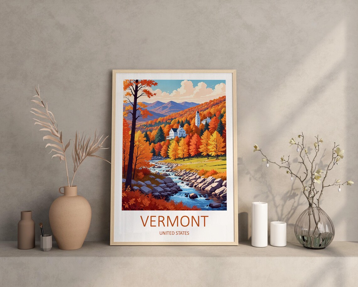 Vermont United States Fall Foliage Village by a River Poster - Image 2