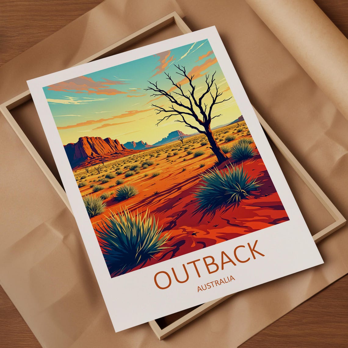 Outback Australia Red Desert Sunset Bare Tree and Mesa Peaks Poster - Image 4