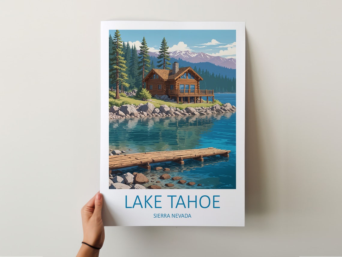 Lake Tahoe Sierra Nevada Log Cabin Dock Pine Forest Scene Poster - Image 5