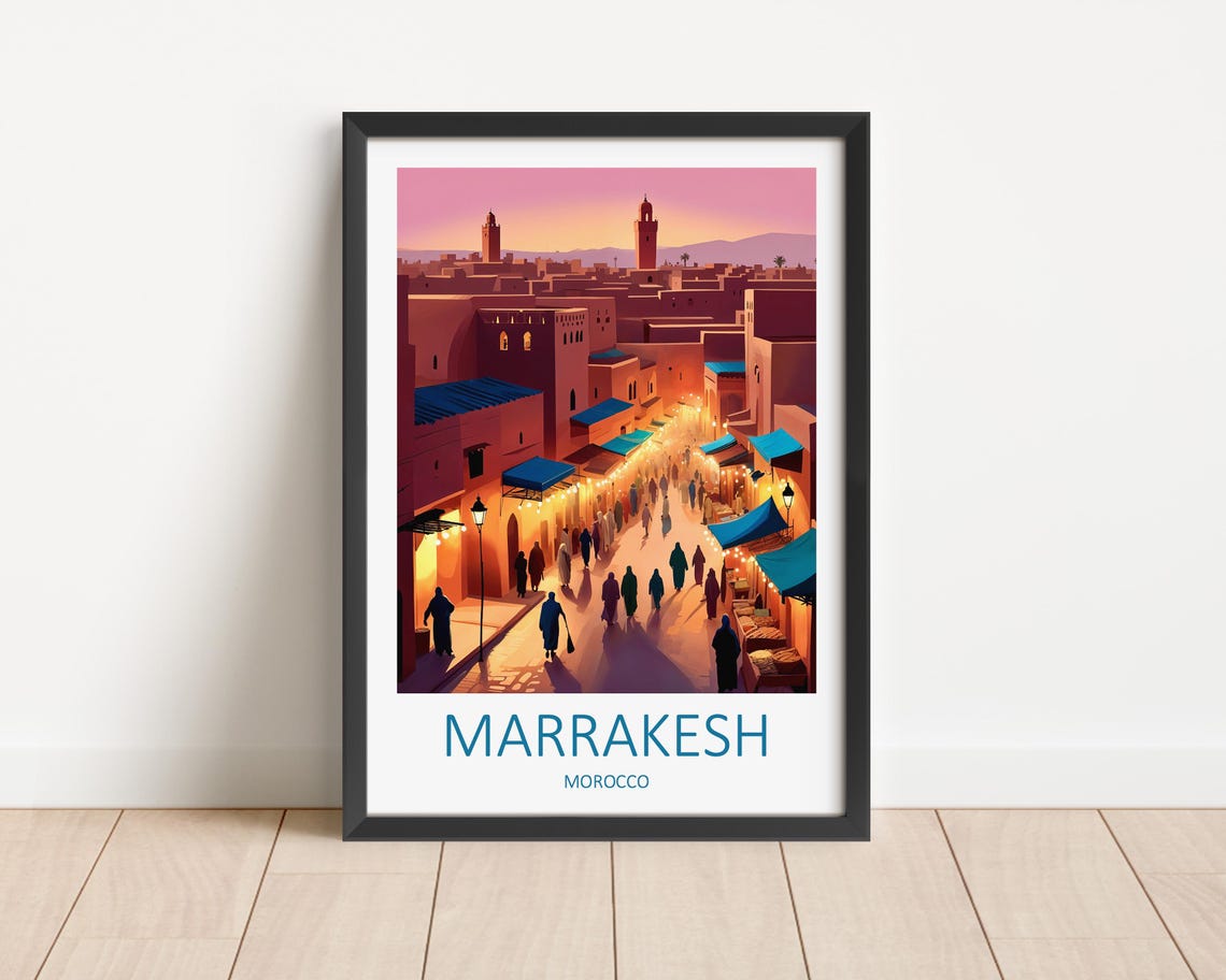 Marrakesh Morocco Medina Market Twilight Souk Lights Travel Poster