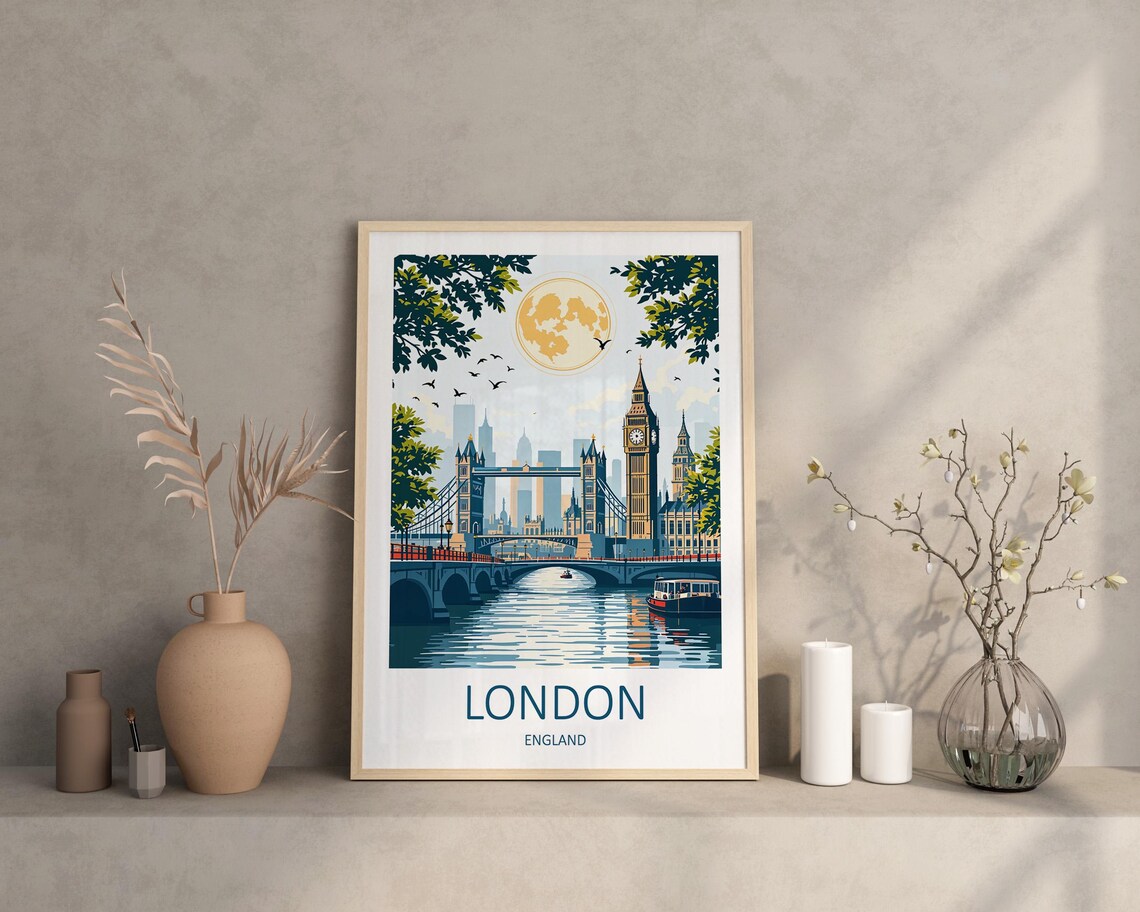 London England Tower Bridge Big Ben Moonlit Thames River Poster - Image 2