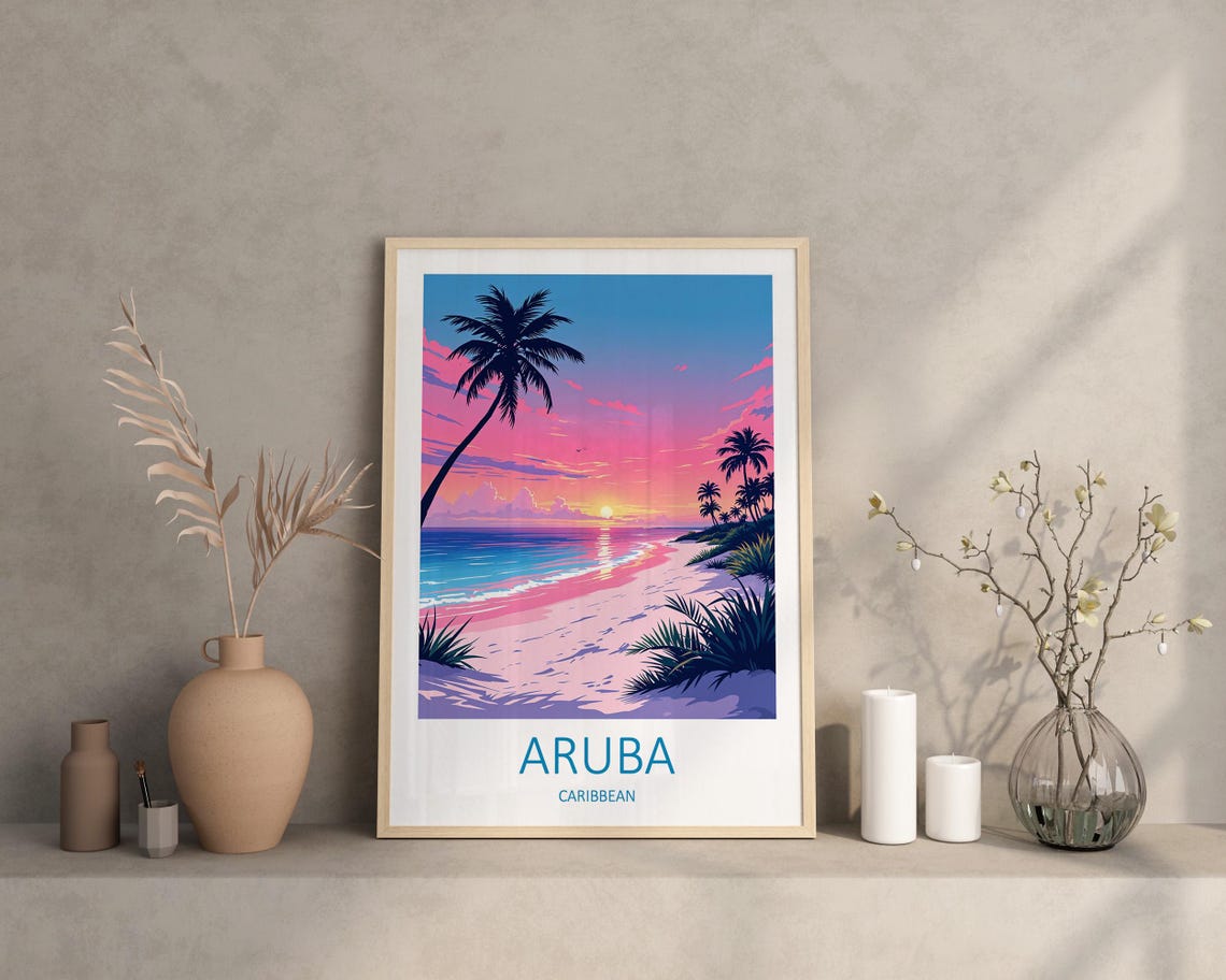 Aruba Caribbean Pink Sunset Beach With Palm Silhouettes Poster - Image 3