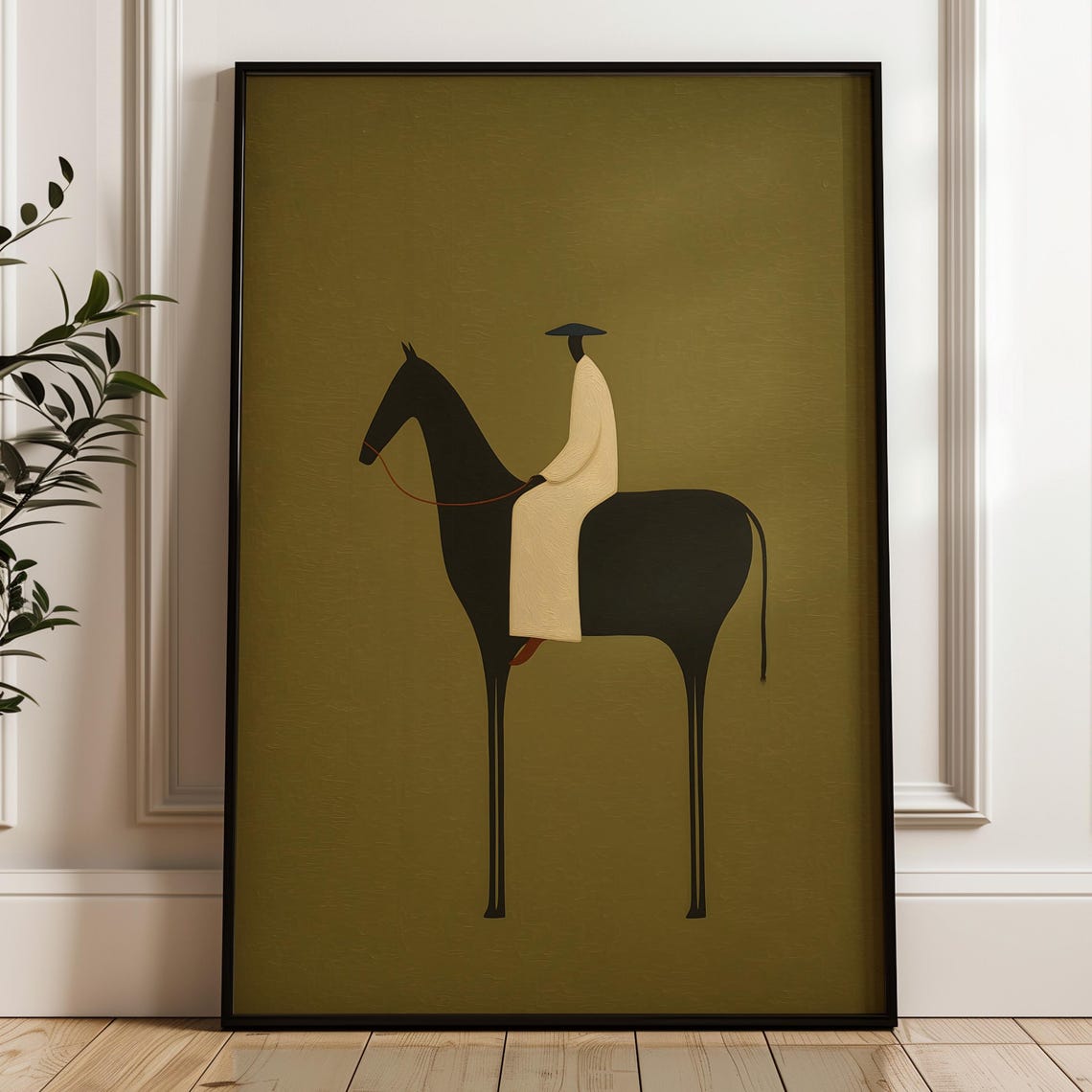 Lone Rider On Black Horse Minimalist Japandi Equestrian Wall Art