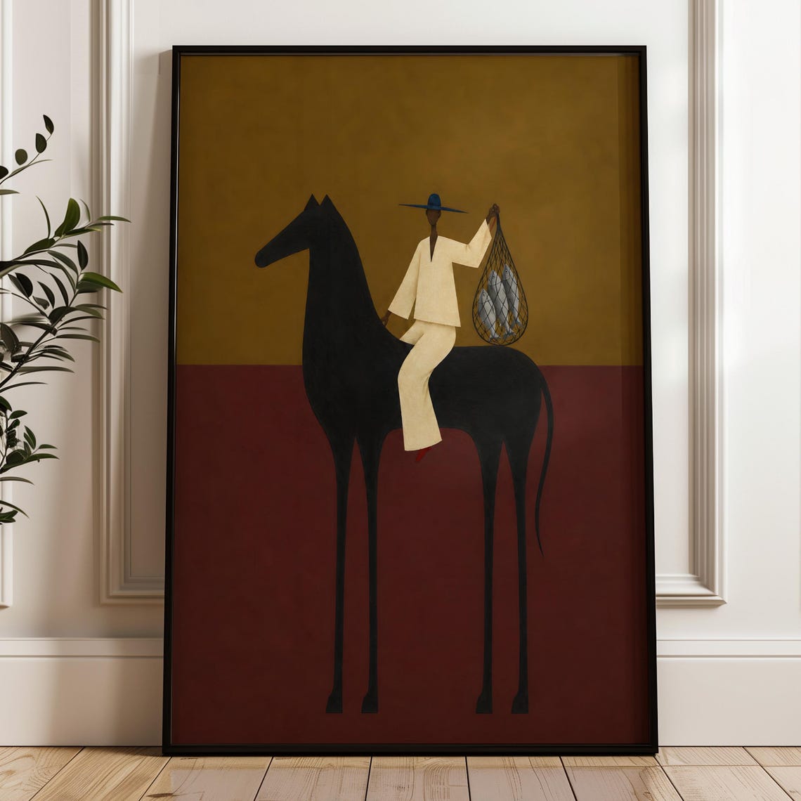 Fisherman On Black Horse With Fish Net Modern Minimalist Poster