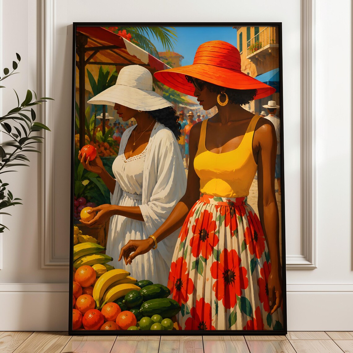 Two Women At Colorful Fruit Market Tropical Street Scene Poster