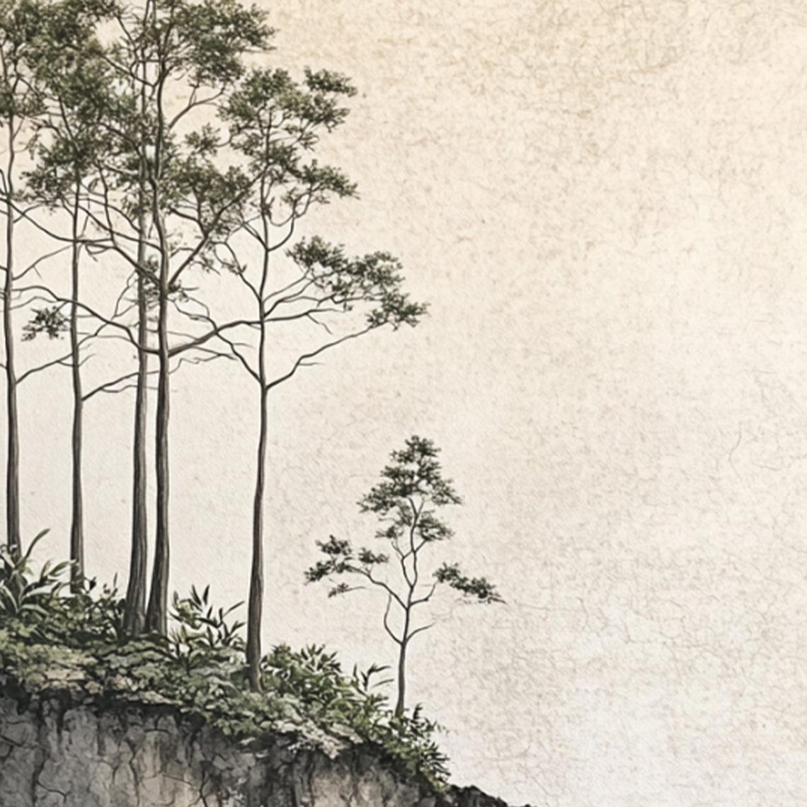 Tall Pine Trees Standing on a Rocky Cliff Edge in Neutral Tones Poster - Image 2