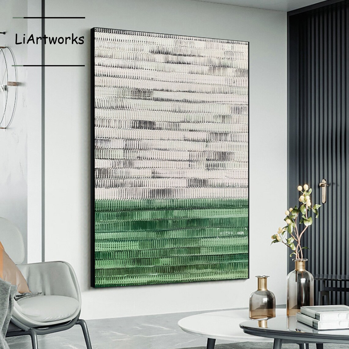 Abstract Textured Emerald Green and White Ridged Oil Painting Poster - Image 4