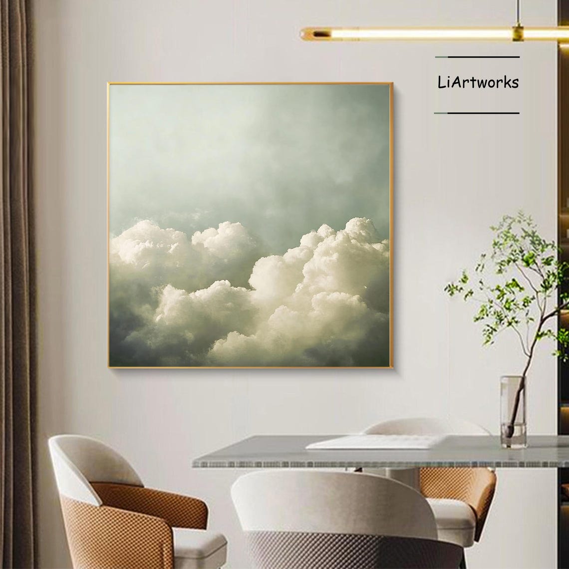 Soft Sage Green Cloudy Sky With Billowing White Clouds Art Poster - Image 4