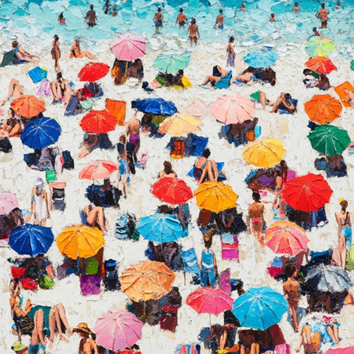Crowded Summer Beach Turquoise Sea Colorful Umbrellas Art Poster - Image 2