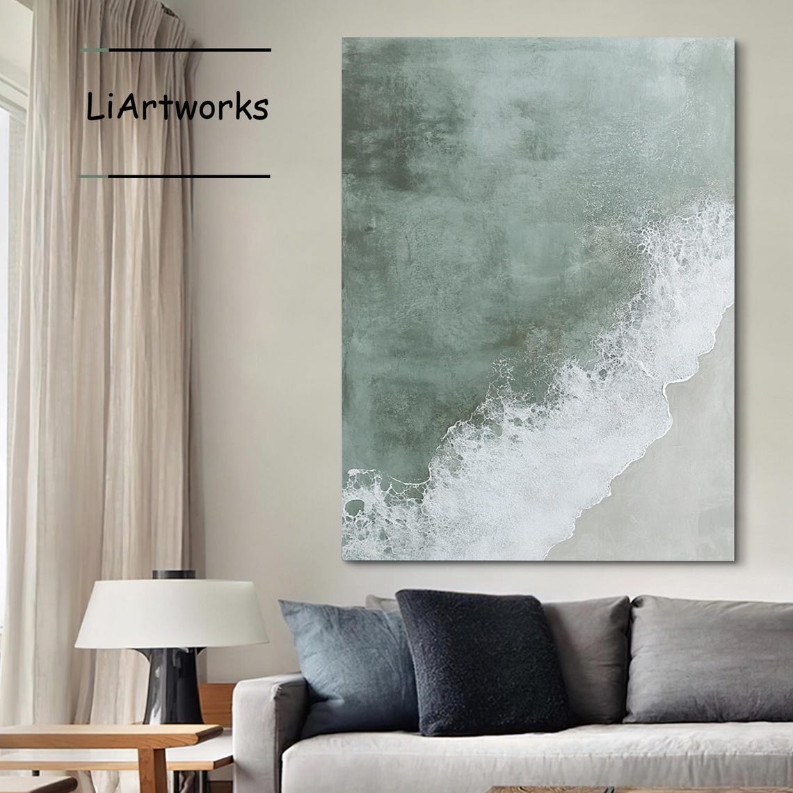 Aerial Sage Green Ocean Wave White Foam Surf Art Wall Poster - Image 3