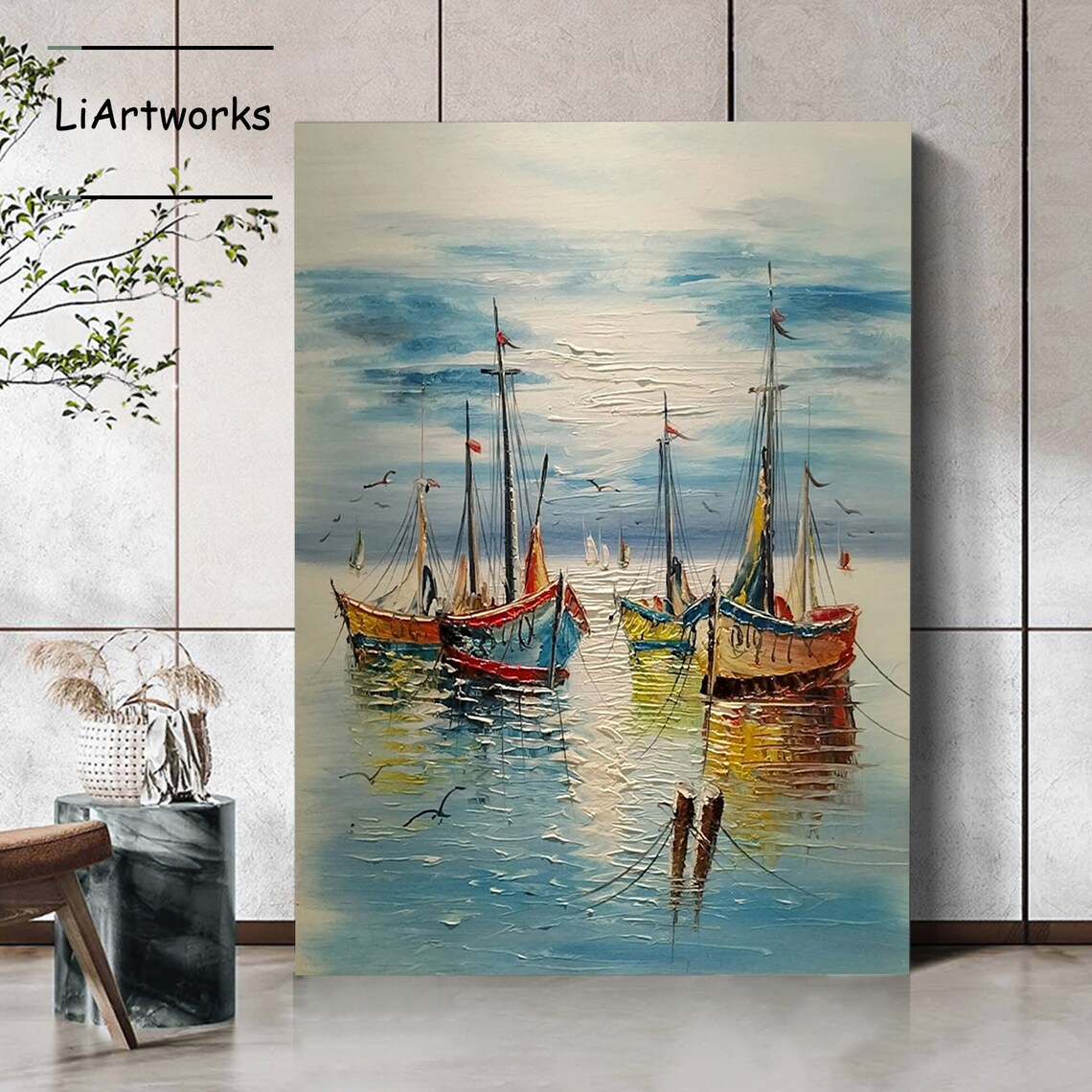 Impressionist Harbor Scene with Colorful Sailboats and Seagulls Art Poster - Image 2