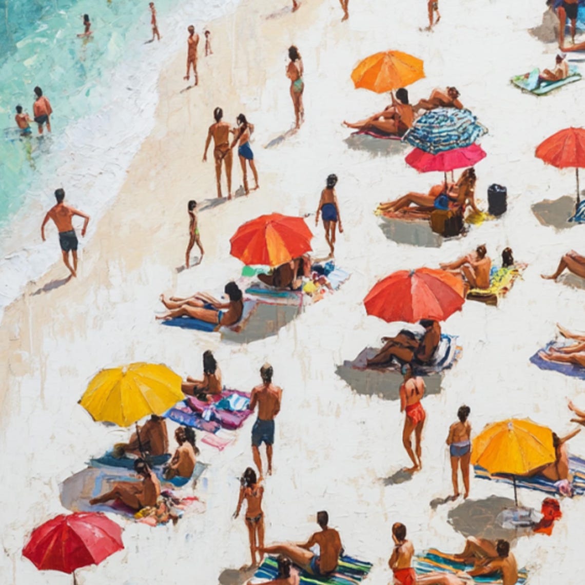 Sunny Beach Party Red Umbrellas Ocean Surf Summer Scene Art Poster - Image 2