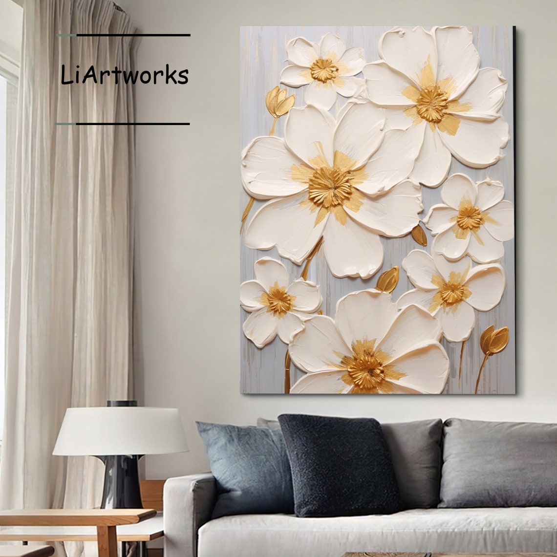 Original Flower Oil Painting On Abstract White And Gold Floral Painting Gold And White Flower Texture Painting Living Room Decor - Image 3