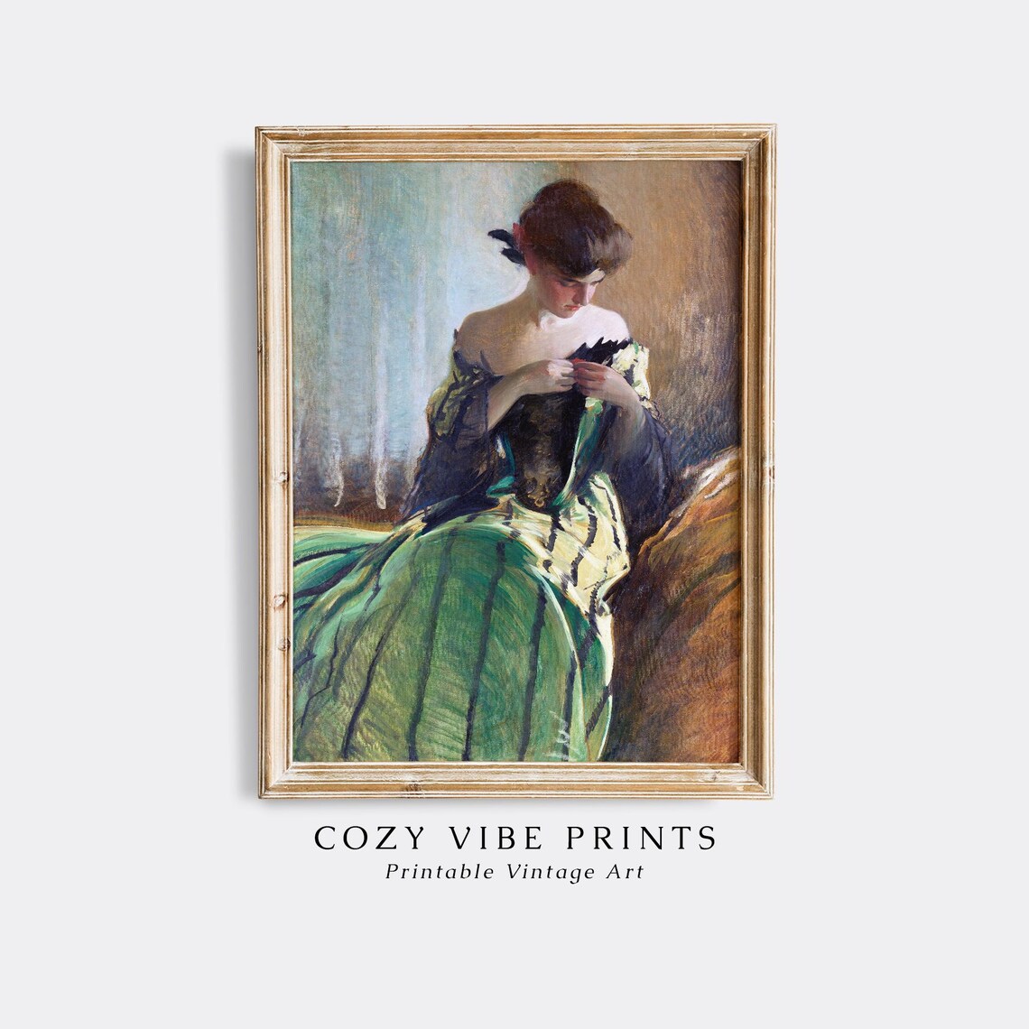 Woman in Green Dress Seated Vintage Portrait Impressionist Poster