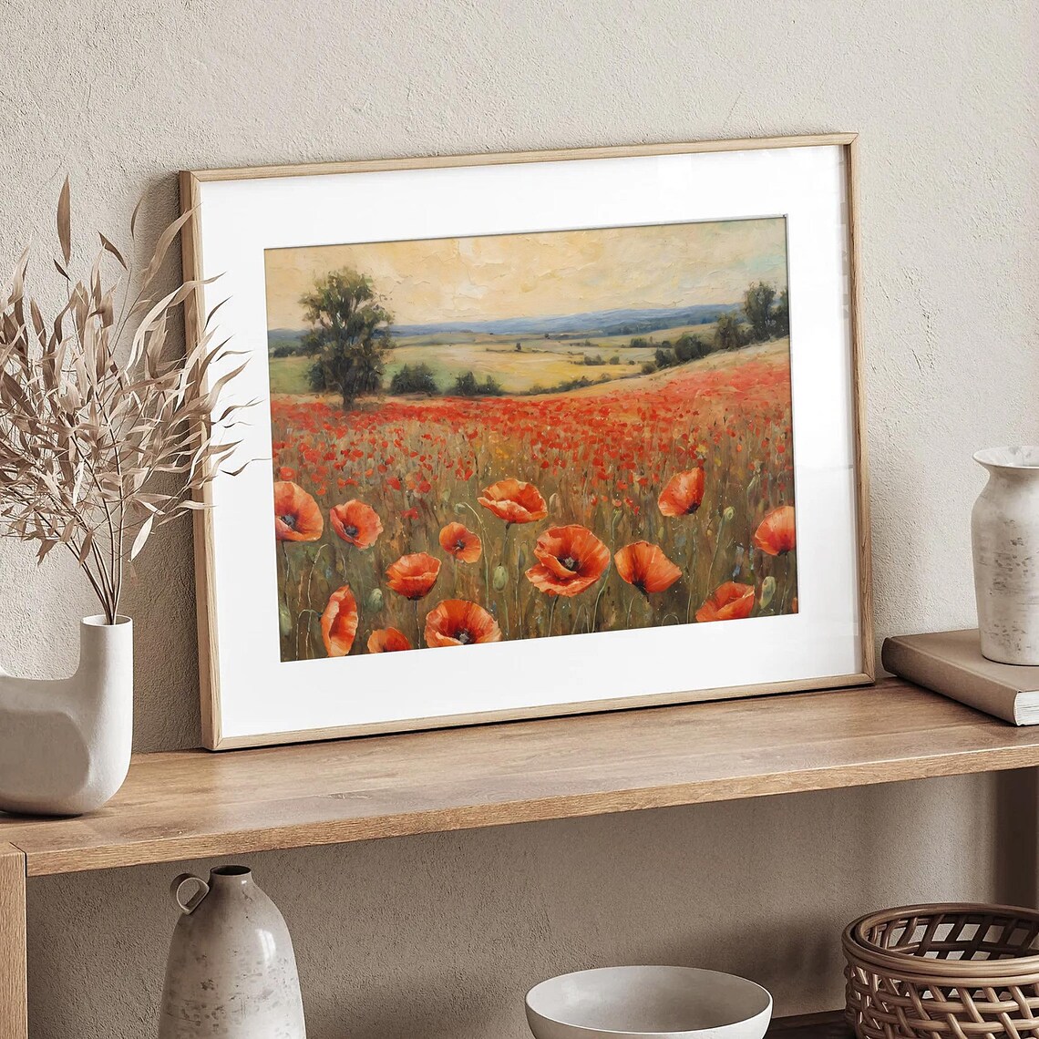 Red Poppy Field Wildflower Oil Painting Vintage Landscape Poster - Image 2