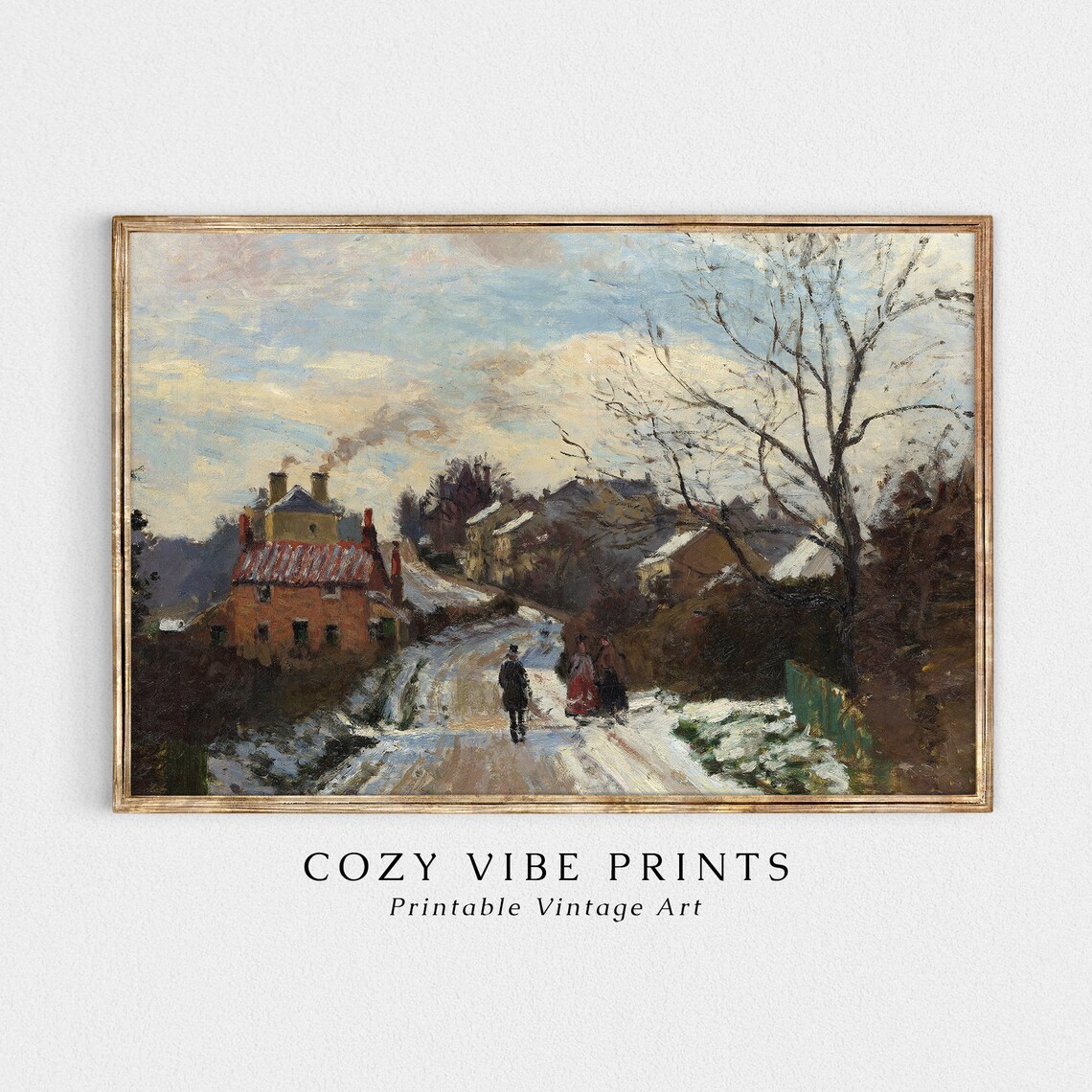 Vintage Winter Village Lane With Cottages Figures Walking Snow Poster