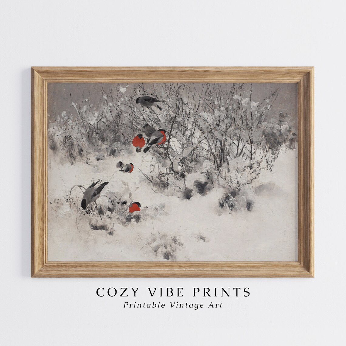 Bullfinches in Snowy Branches Vintage Winter Bird Painting Wall Art - Image 4