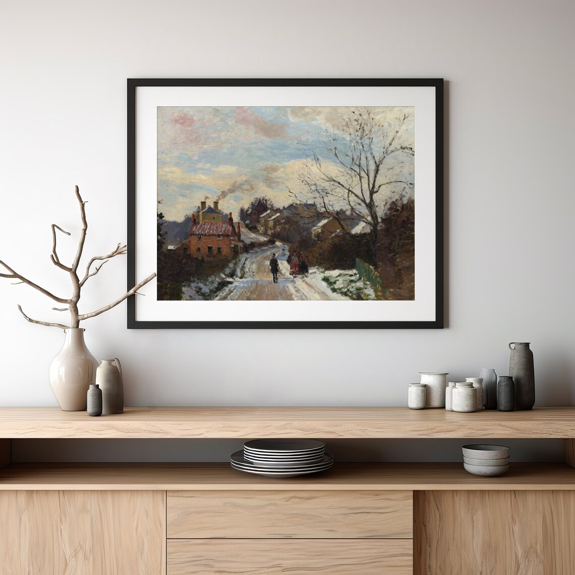 Vintage Winter Village Lane With Cottages Figures Walking Snow Poster - Image 3