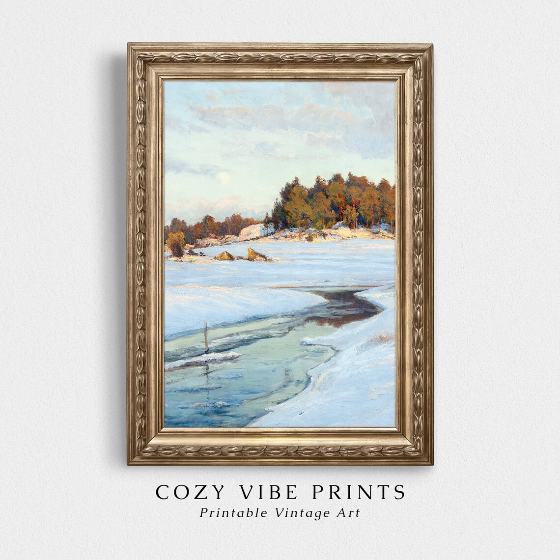 Vintage Frozen Winter Stream With Open Water Moonlit Snow Scene Poster - Image 2