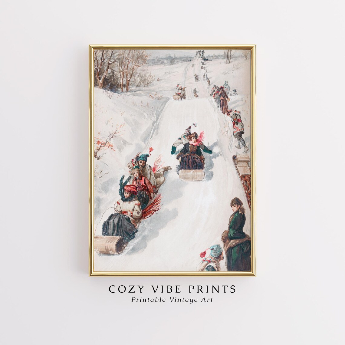 Victorian People Sledding Snowy Hill Vintage Winter Fun Poster - Image 3
