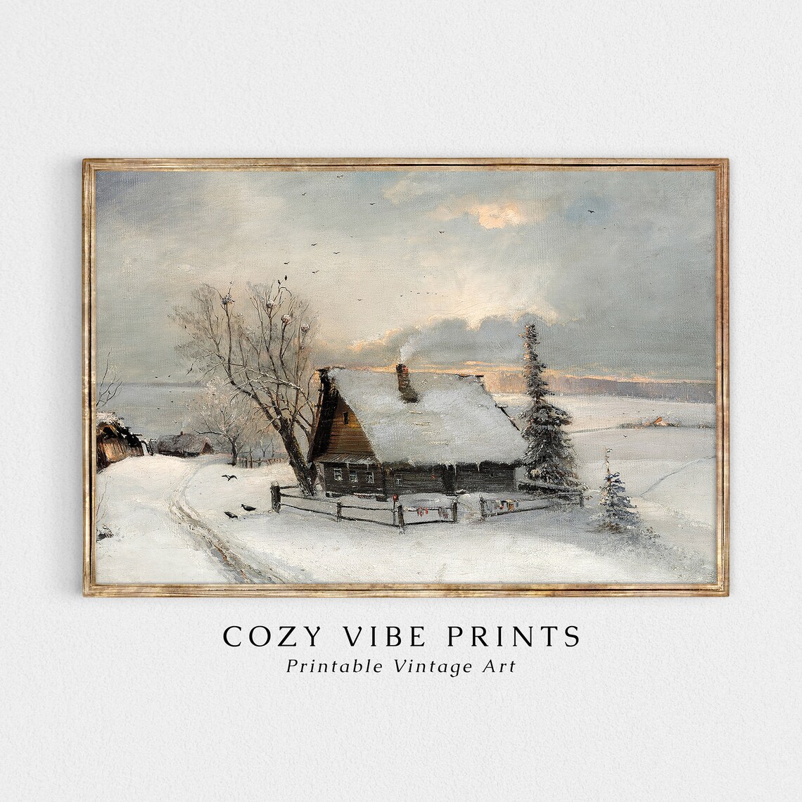 Snowy Winter Cottage at Dusk Vintage Rustic Farmhouse Landscape Poster