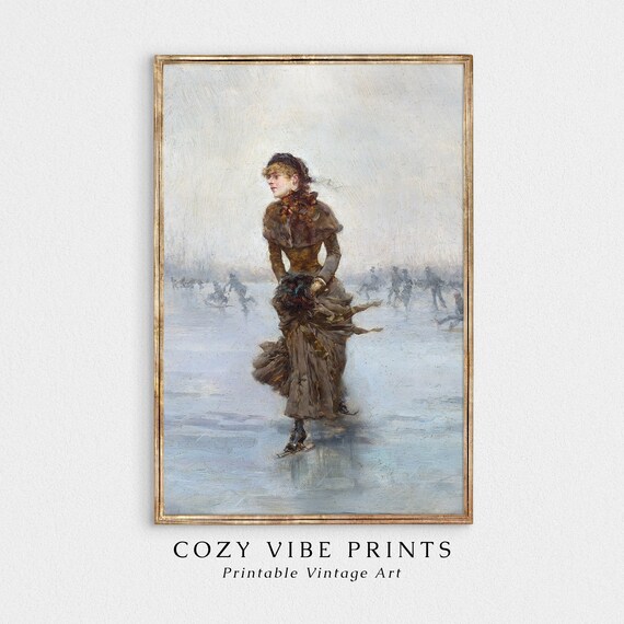 Victorian Lady Ice Skating on a Frozen Lake Winter Vintage Poster