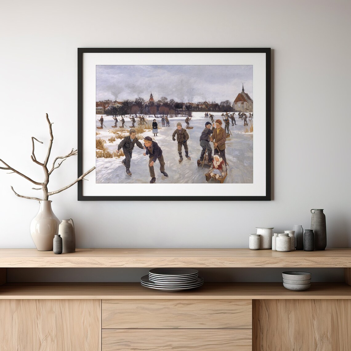 Vintage Children Ice Skating On Frozen Pond Winter Fun Painting Poster - Image 3